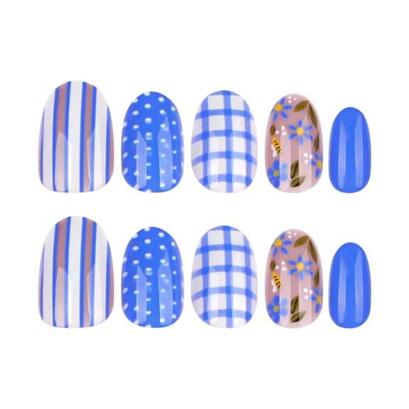 Blue Mixed Pattern with Bee Press on Nails, Medium Oval Glossy False Nails, 24 Count