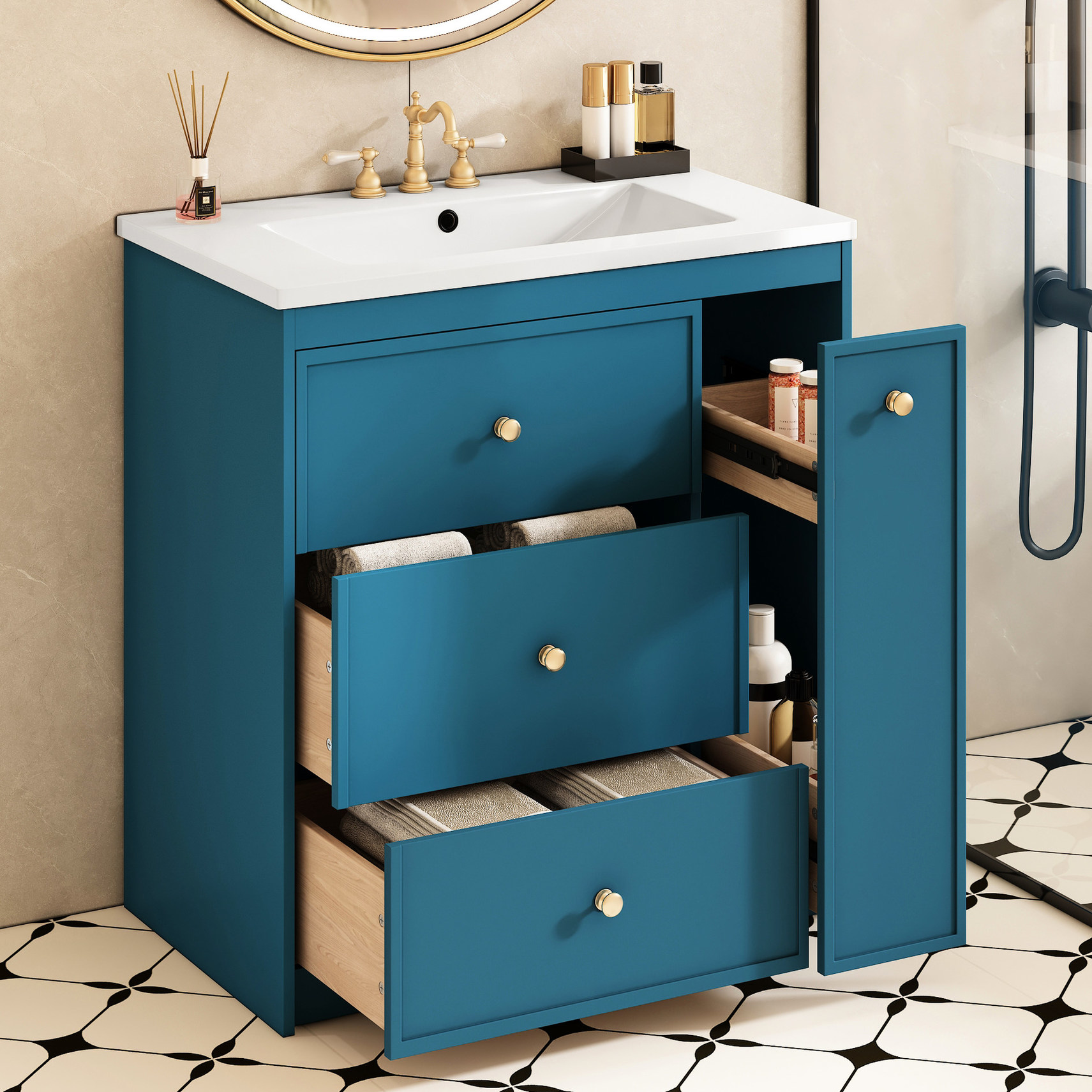 Vanity Keep Blue Modern Bathroom Vanity Set+Four Drawer Storage