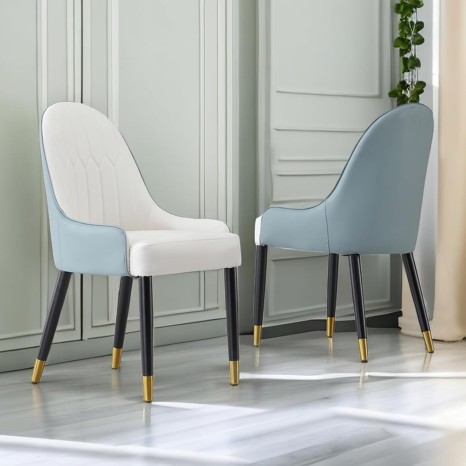 Blue Modern Dining Chairs Set of 2 w/ Faux Leather & Metal Legs | Kitchen/Living/Dining Room PU Accent Chairs