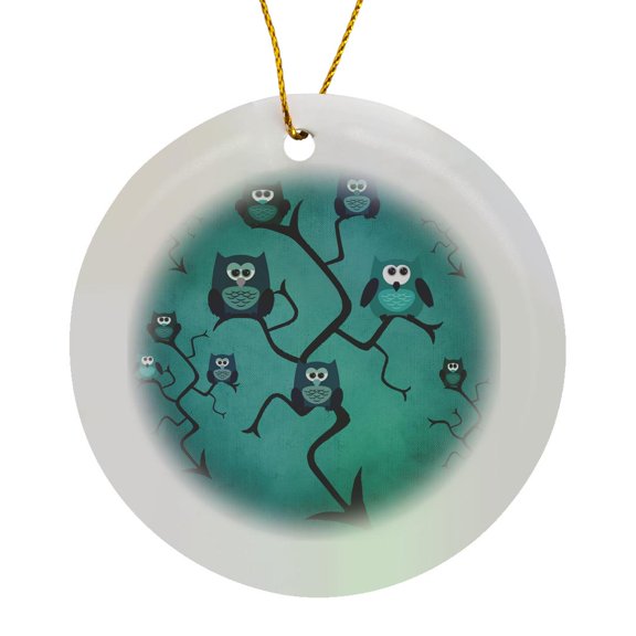 3drose, Blue Modern Owl in a Tree, Circle Porcelain Ornament