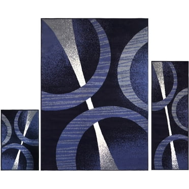 Blue Modern Rings Geometric Stripes 3PC Rug Set - Area Rug (5' x 7'), Runner (2' x 5'), Accent Mat (2' x 3')