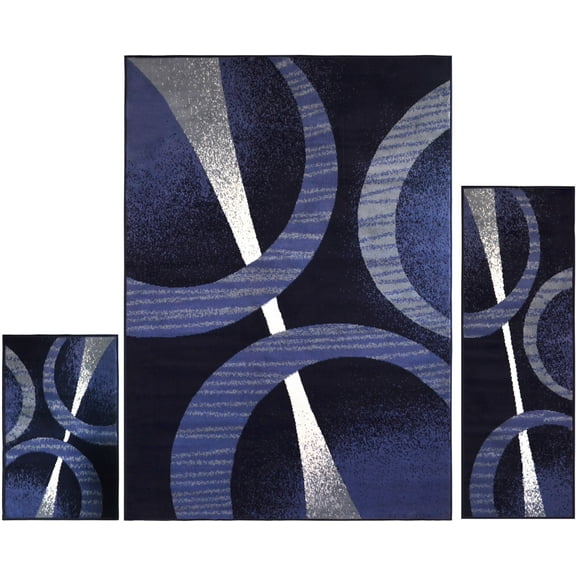 Blue Modern Rings Geometric Stripes 3PC Rug Set - Area Rug (5' x 7'), Runner (2' x 5'), Accent Mat (2' x 3')