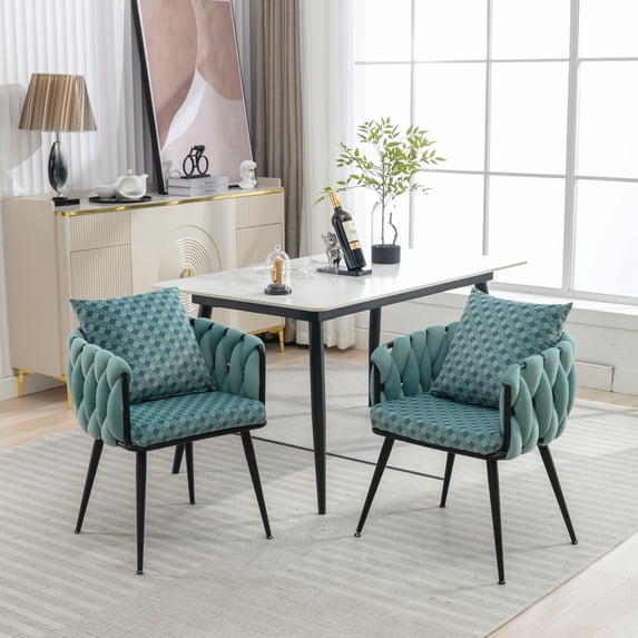 Blue Modern Velvet Dining Chairs Set of 2 Hand Weaving Accent Chairs Living Room Chairs Upholstered Side Chair with Black Metal Legs for Dining Room Kitchen Vanity Living Room