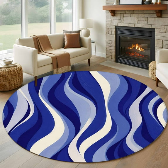 Blue Moire Round Area Rug 5Ft Washable Circle Rugs for Living Room Bedroom, Classic Modern Abstract Art Elegant Non-Slip Carpet Floor Mats Indoor Outdoor Carpet Runner Aesthetic Home Decor