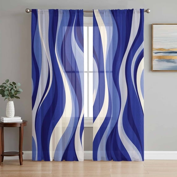 Blue Moire Sheer Curtains 84 Inch Length 2 Panels Set, Classic Modern Abstract Art Elegant Voile Window Treatment Rod Pocket Curtains Sheers Drapes for Bedroom/Living Room/Kitchen 52"x84"x2