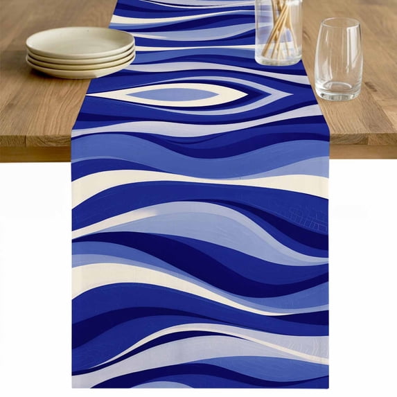 Blue Moire Table Runner - 36 Inch Long Classic Modern Abstract Art Elegant Cotton and Linen Blended Dress Scarves Farmhouse Table Runner for Kitchen Dining, Coffee Table, 13" x 36"