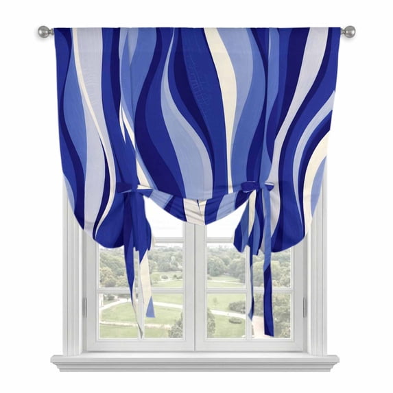 Blue Moire Tie Up Curtains 45 Inches Long, Kitchen Window Curtains Over Sink, Classic Modern Abstract Art Elegant Small Window Curtains Shade Balloon Curtains Valances for Bedroom/Cafe 34"x45"
