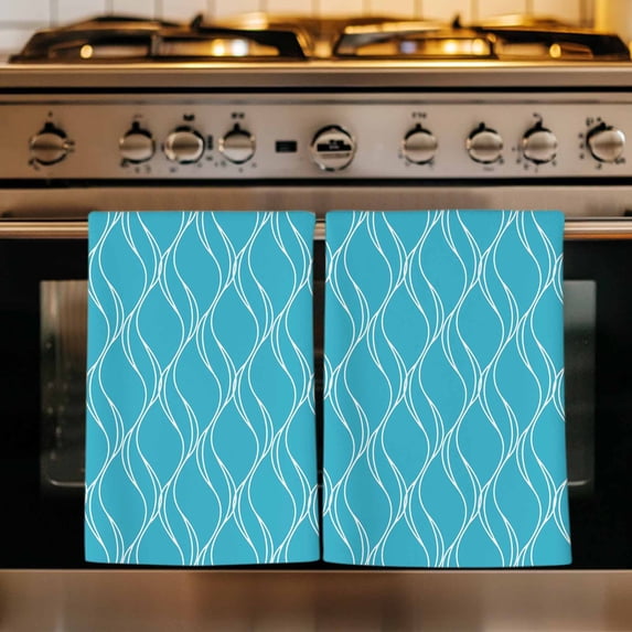 Blue Moire Waves Kitchen Towels Set of 3, Modern Abstract Art Geometric Absorbent Dish Towels for Kitchen, Microfiber Hand Towel, Quick Drying Tea Towel for Cleaning Decorative Dishcloths