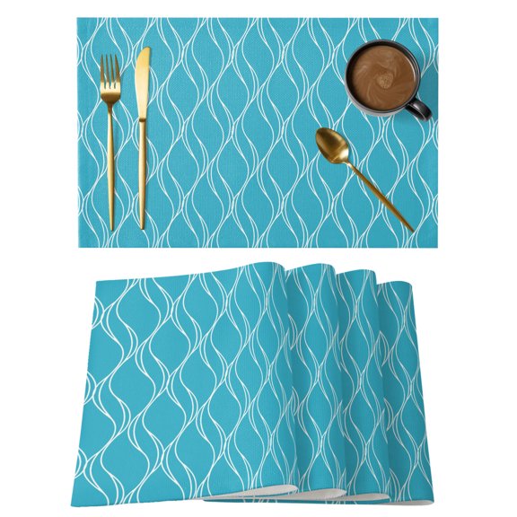 Blue Moire Waves Placemats Set of 12 Modern Abstract Art Geometric Place Mats Indoor Wipeable Table Mats Washable Cloth Dining Table Placemats for Kitchen Holiday Party Home Decor 13x19 Inch