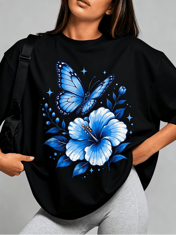Blue Monarch Butterfly Hibiscus Floral Graphic T-Shirt Women Tropical Flower Sparkle Star Botanical Short Sleeve Casual Tee