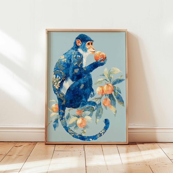 Blue Monkey Art Print Decorative Jungle Animal Poster, Peach Tree Wall Art, Whimsical Botanical Monkey Illustration , Poster Print Only