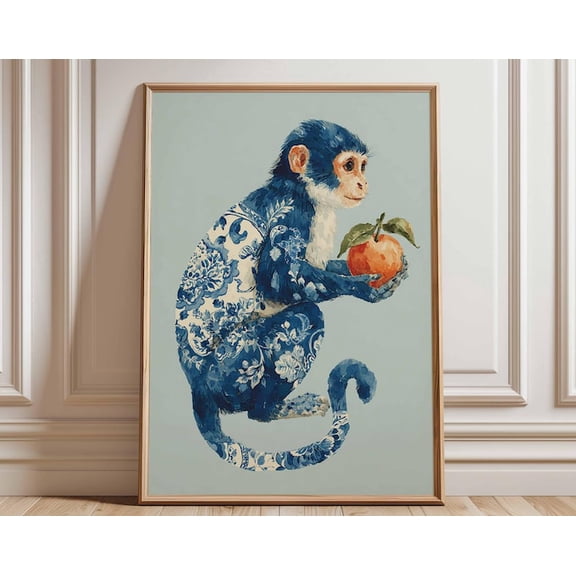 Blue Monkey Peach Tree Wall Art Print, Unframed Paper Poster 11x14in