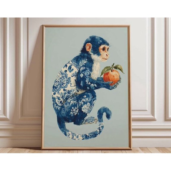 Blue Monkey Peach Tree Wall Art Print