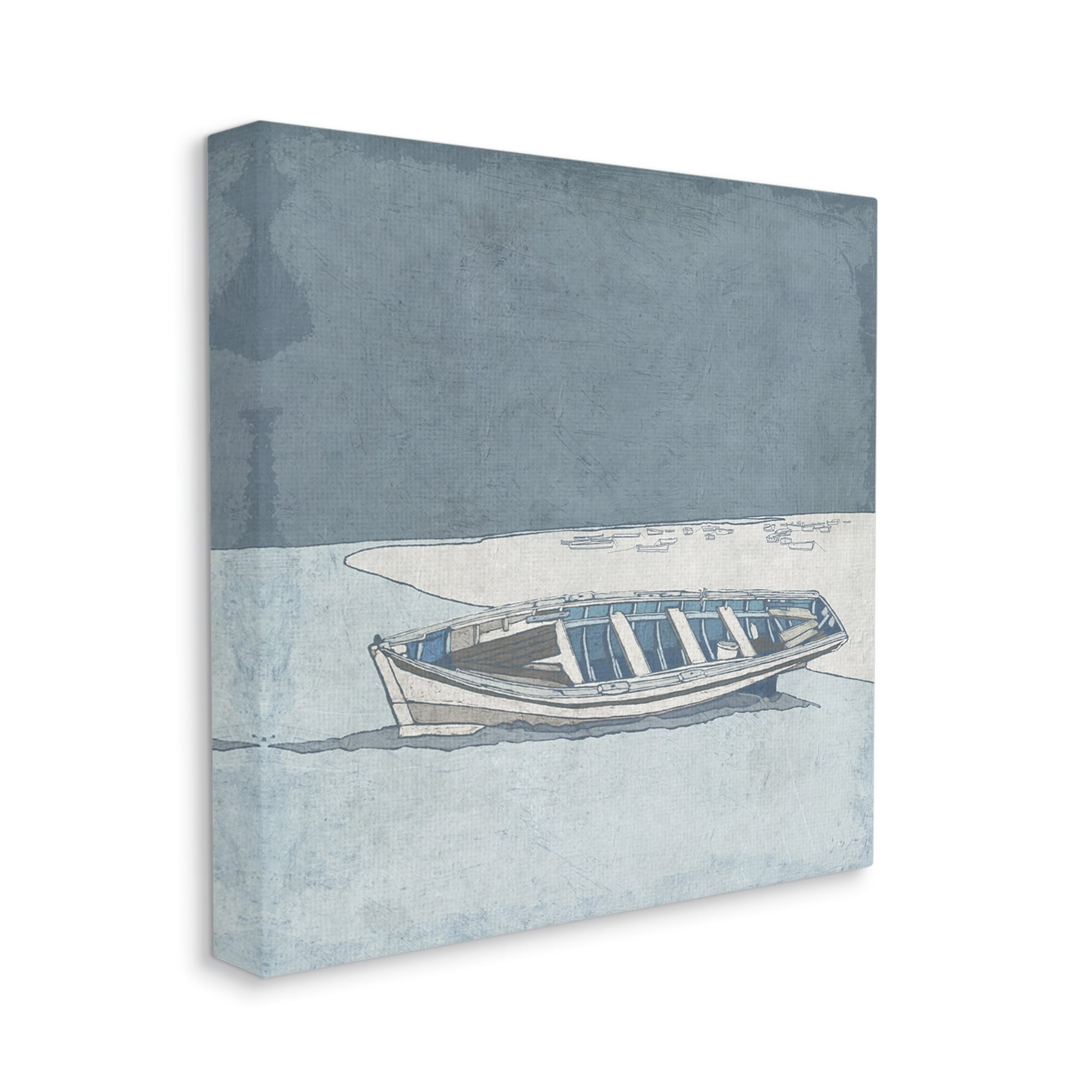 Blue Monochrome Rowboat Beach Coast Landscape Transportation Gallery-Wrapped Canvas Print Wall Art, 17x17