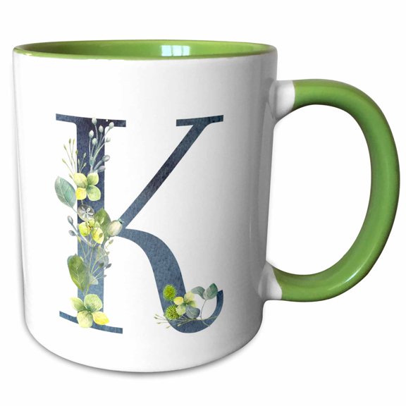 3drose, Blue Monogram Initial K with Pretty Yellow Wild Flowers, 11oz Two-tone Green Mug