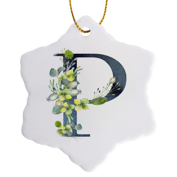 3drose, Blue Monogram Initial P with Pretty Yellow Wild Flowers, 3 inch Snowflake Porcelain Ornament