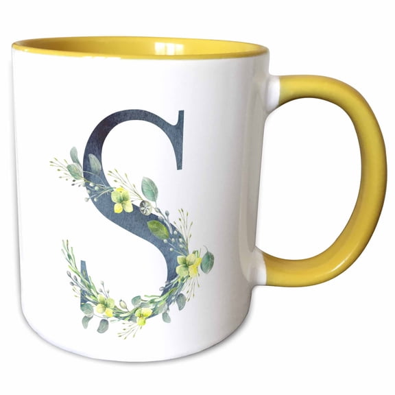 3drose, Blue Monogram Initial S with Pretty Yellow Wild Flowers, 11oz Two-tone Yellow Mug