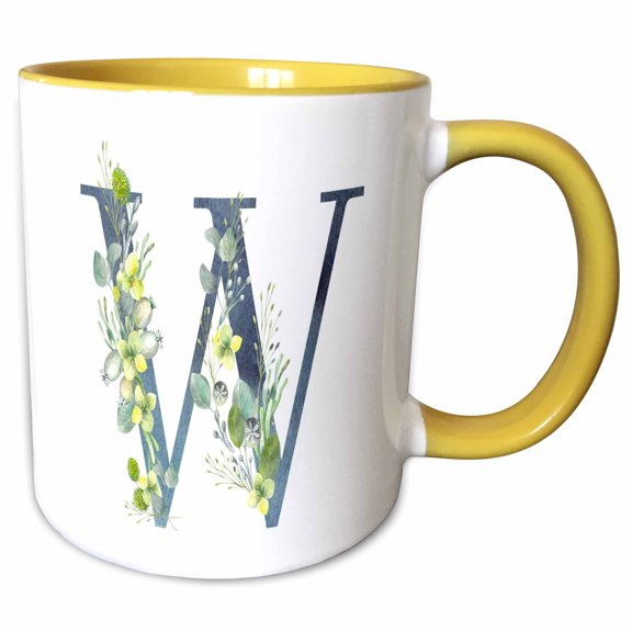 3drose, Blue Monogram Initial W with Pretty Yellow Wild Flowers, 11oz Two-tone Yellow Mug