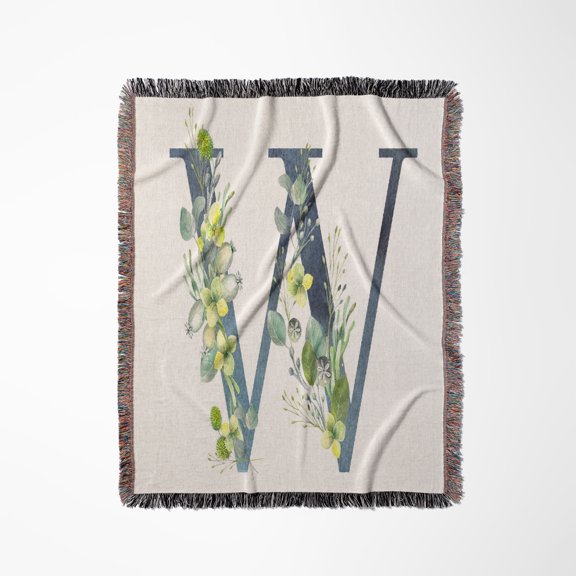 Blue Monogram Initial W With Pretty Yellow Wild Flowers, Woven Blanket
