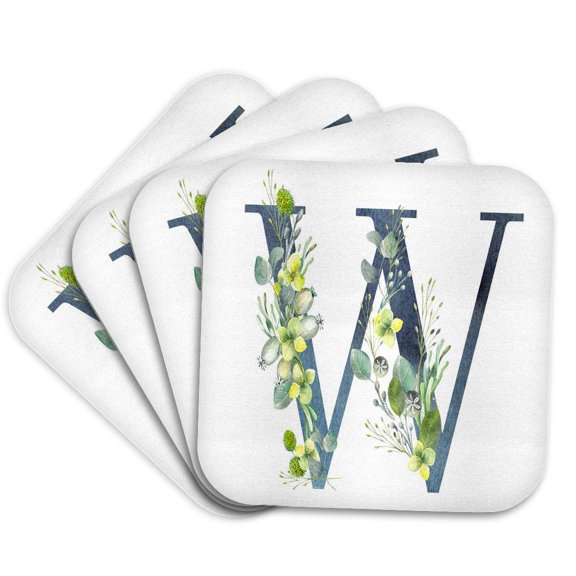 3drose, Blue Monogram Initial W with Pretty Yellow Wild Flowers, Set of 4 Coasters - Soft