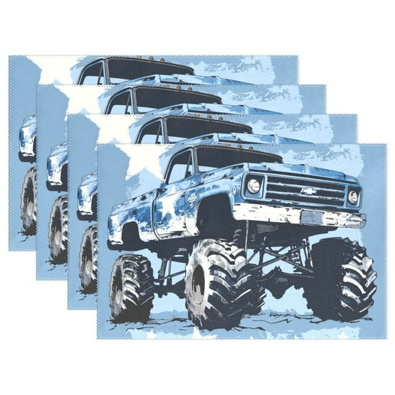 Blue Monster Truck 12×18 inch Placemats Heat Resistant Washable Foldable Rectangular Placemats Set Decoration Indoor Outdoor for Kitchen Dining Table 4PCs