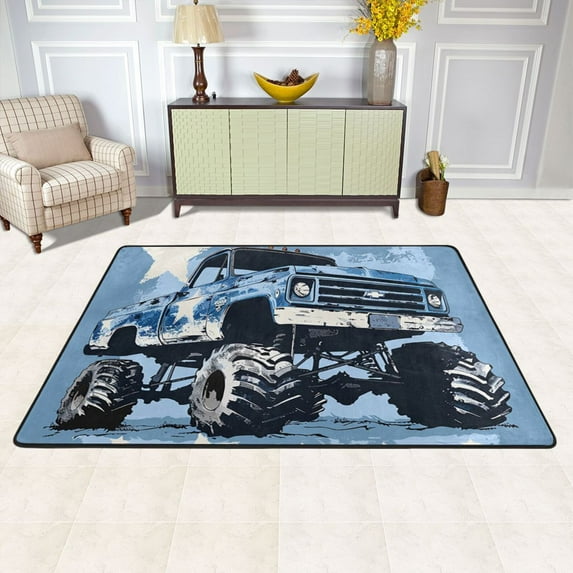 Blue Monster Truck Area Rug Washable 72 x 48 Floor Carpet Mat Non Slip for Bedroom Living Room Kids Room Home Decor