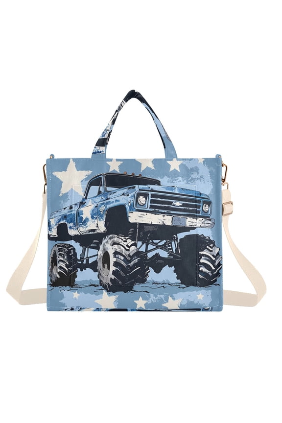 Blue Monster Truck Corduroy Tote Bag Handbag Large Messenger Bag Shoulder Crossbody Zipper Bag Purse