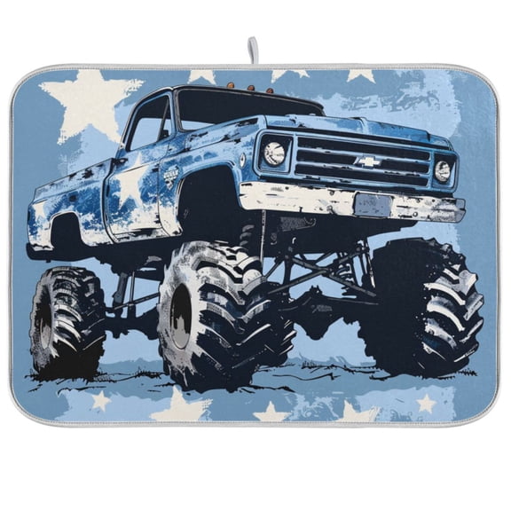 Blue Monster Truck Dish Drying Mat Dish Drainer Rack Mats Water Absorbent Non-Slip Easy Clean Heat Resistant for Kitchen Counter