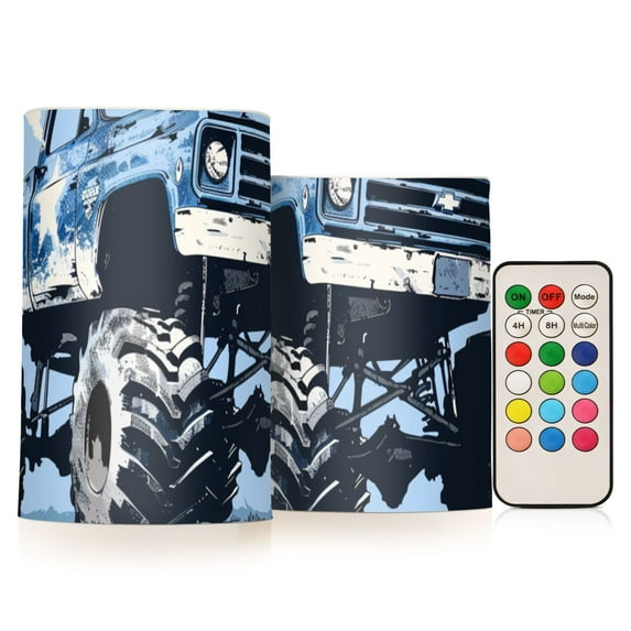 Blue Monster Truck Flameless Candles LED Lights Battery Operated Candles with Remote and Timers Flicker Lights Votive Set of 2