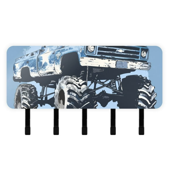 Blue Monster Truck Mail Holder Organizer Wall Mount with Shelf Key Holder Key Rack with 5 Key Hooks for Wall Decorative