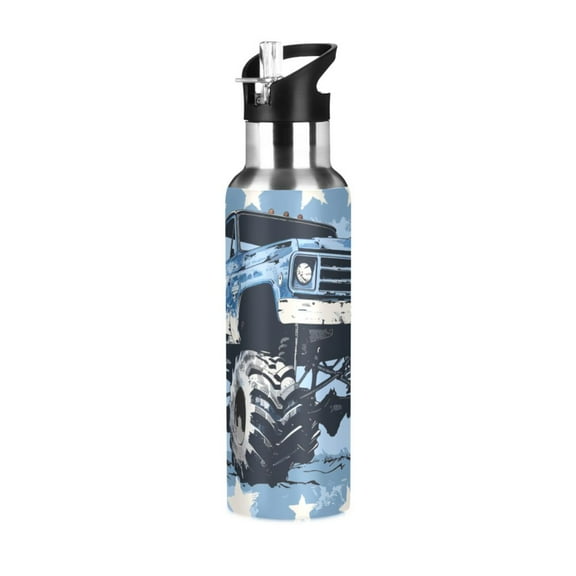 Blue Monster Truck Sports Water Bottle with Straw Lid Insulated Stainless Steel Leak Proof BPA Free Thermal Mug with Handle for Gym Yoga Cycling Camping