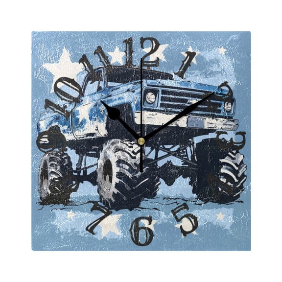 Blue Monster Truck Wall Clock Square Silent Non Ticking Battery Operated Clock for Home Bathroom Kitchen Bedroom Living Room