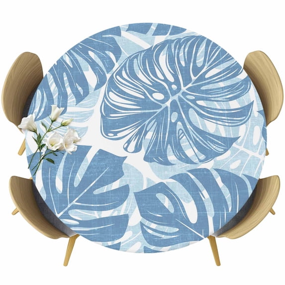 Blue Monstera Deliciosa Round Tablecloth 55-60 Inch Round Fitted Table Cloth with Elastic Edge, Summer Botanical Tropical Waterproof Table Cover Protector for Outdoor Picnic Party Dining