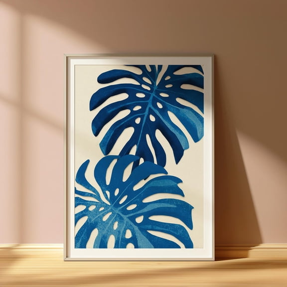 Blue Monstera Leaf Art Print: Modern Botanical Decor, F048, Stretched Canvas Size 12x18