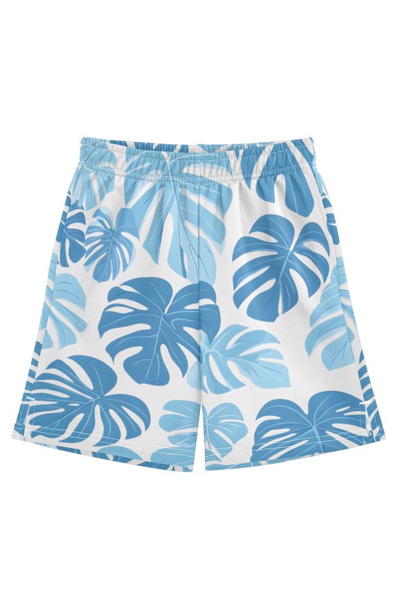 Blue Monstera Leaves Pattern Athletic Shorts Breathable with Comfort Fit Drawstring Casual Sweatshorts Large