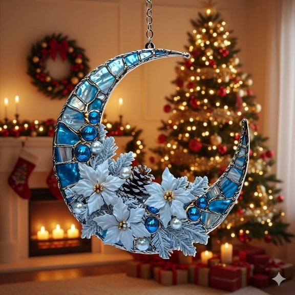 Blue Moon Acrylic Suncatcher, Winter Crescent Ornament, Snowflake Window Hanging, Christmas Moon Decor, Elegant Holiday Sun Catcher Gift