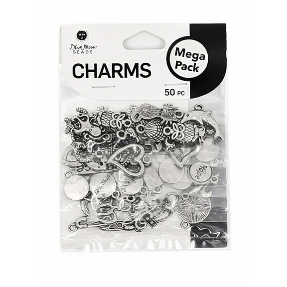 Blue Moon Beads Silver Metal Mega Value Charm Pack for DIY Jewelry Making, 50 Piece-Unisex, Adult