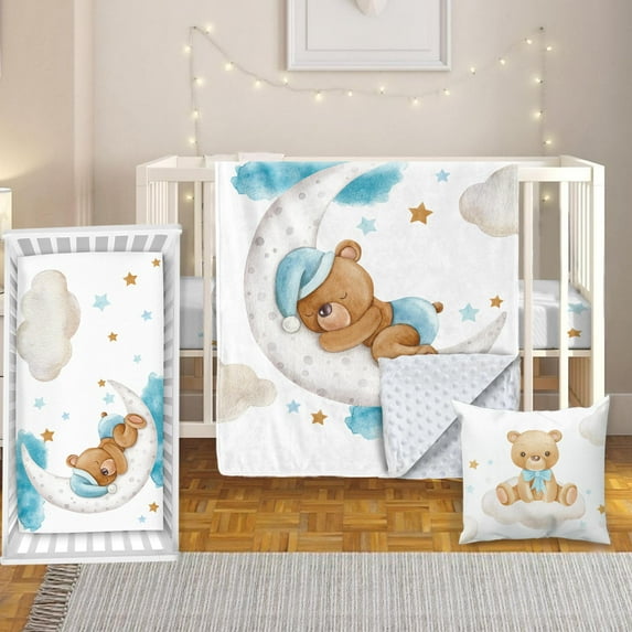 Blue Moon Bear Crib Bedding Set -, 3 Piece Baby Crib Set - & Double Layer Dotted Backing Flannel Blanket, Crib Sheet, Pillow Cover, Nursery Crib Set - for Toddler Infants, Fitted Sheet Set -(60"x80")