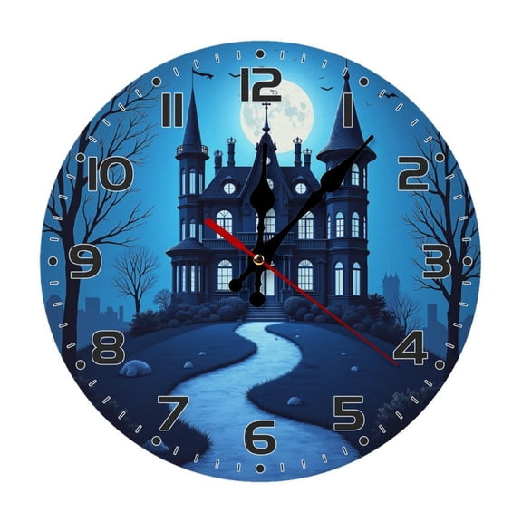 Blue Moon Castle Wall Clock 10 Inch Silent Non Ticking Round Wooden Clock Decoration for Living Room Kitchen Bedroom Bathroom Office Classroom