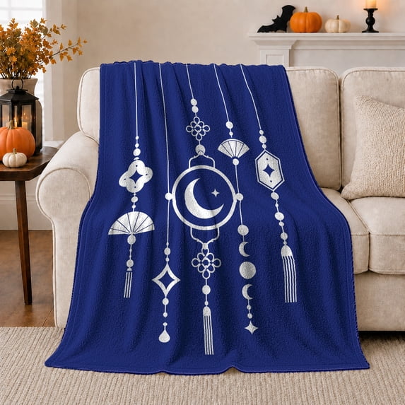Blue Moon Charm Flannel Blanket, Silver Tassel Lantern Fan Star Pendant Pattern for Sofa Couch Bed Bedroom Home Decor Housewarming Gift Elegant Royal Room Accent