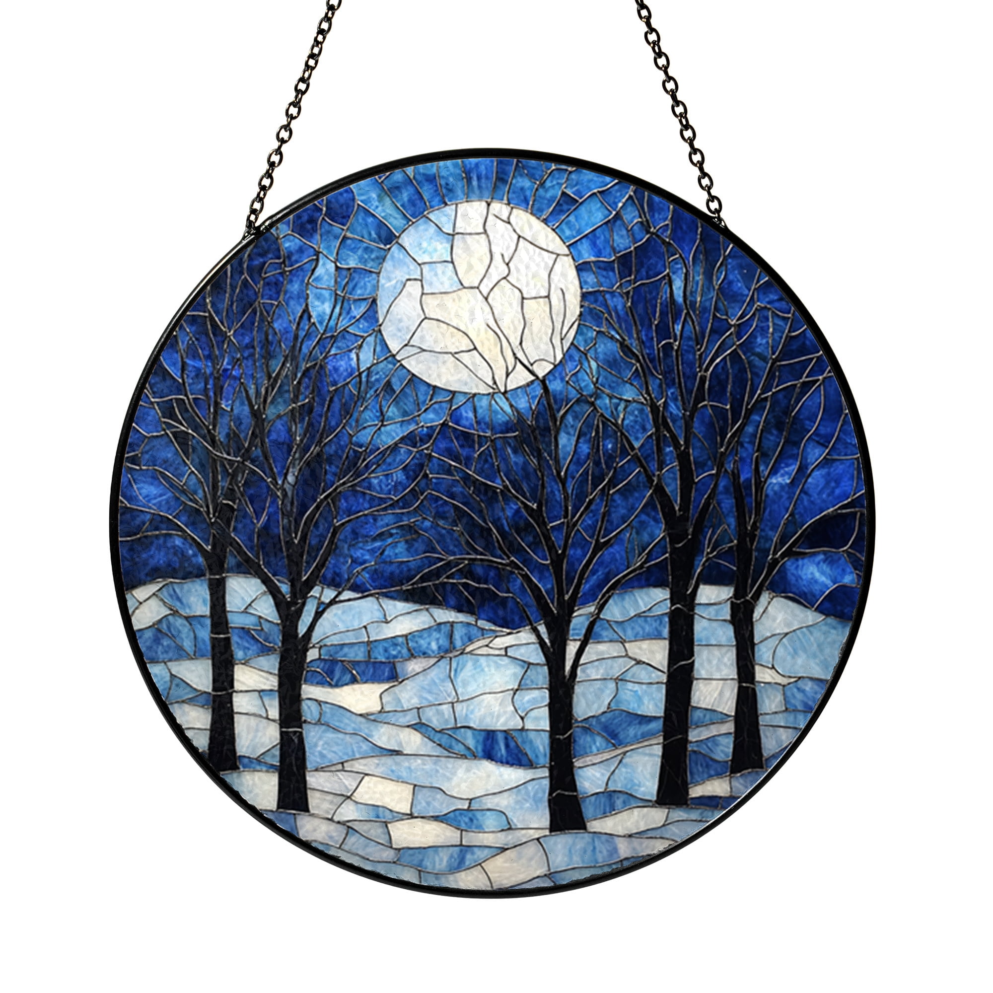 Blue Moon Forest Suncatcher, Winter Tree Scene Stained Glass Window Art ...