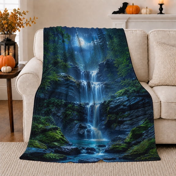 Blue Moon Forest Waterfall over Dark Rocks, Mystical Nature Style for Waterfall Lovers, Night Woodland Stream and Birthday Gift, Soft Flannel Blanket for Cabin and Bedroom, Forest Home Decor