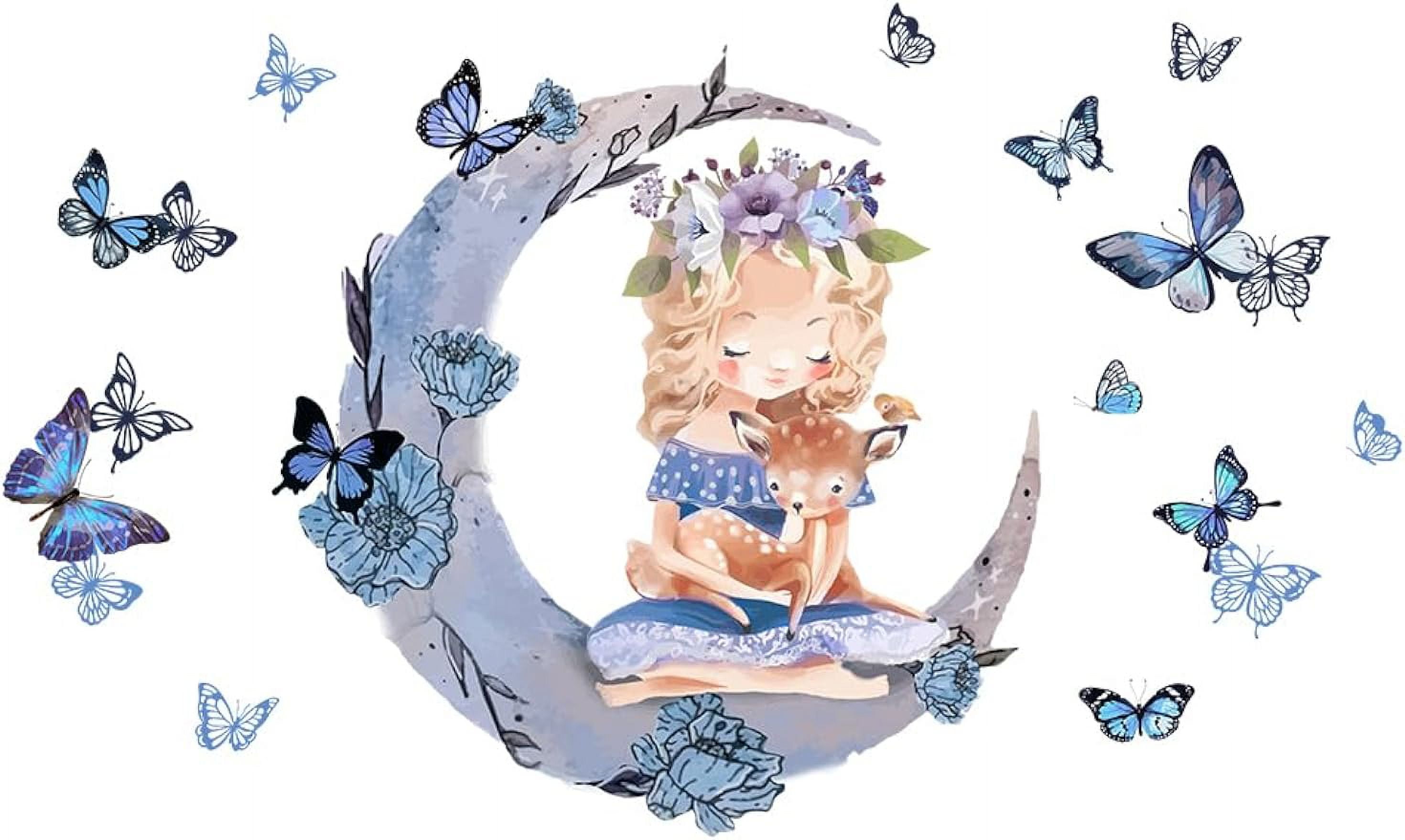 Blue Moon Girl Wall Sticker Deer Flowers Butterflies Wall Decal PVC