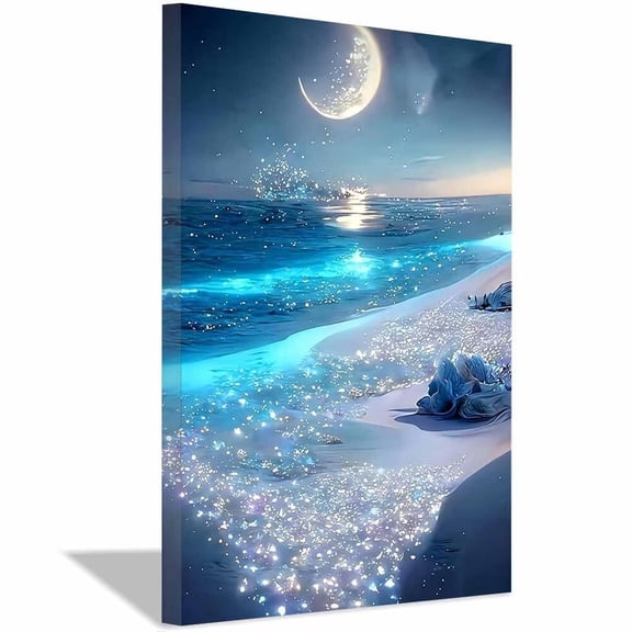 Blue Moon Glowing Beach Canvas Wall Art,Night Ocean Sparkle Painting,Minimalist Modern Wall Decor for Living Room Bedroom Bathroom Dorm Home Decor,Framed Ready to Hang-12"L x 8"W