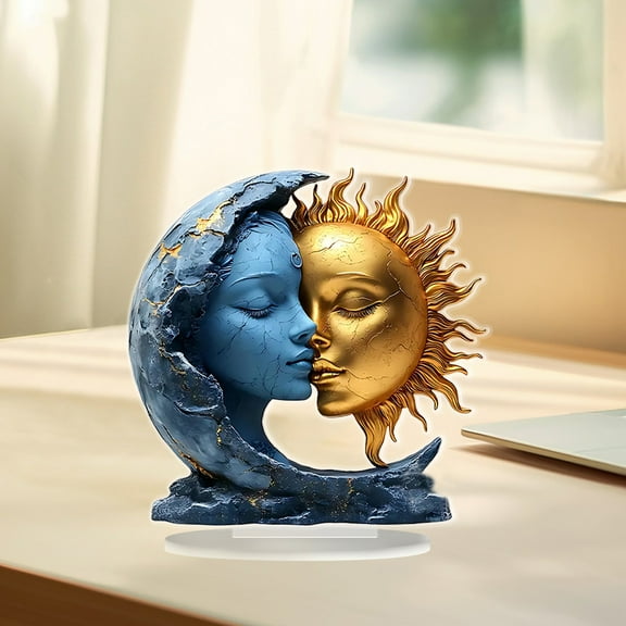 Blue Moon Gold Sun Face Desktop Ornaments 2d Flat Statue Figurine with Base Gift for Dining Table Bedroom Holiday Home Decoration (Blue).