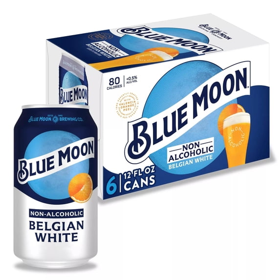 Blue Moon Non-Alcoholic Belgian White Craft , 6 Pack, 12 fl oz Aluminum Cans, 0.45% ABV
