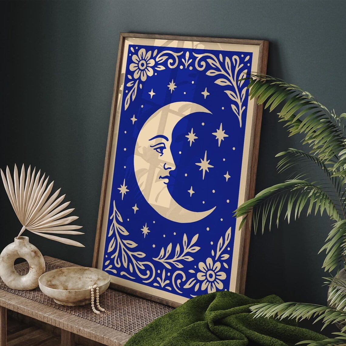 Blue Moon Poster, Floral Celestial Wall Art, Unframed Poster Size 24x36 ...