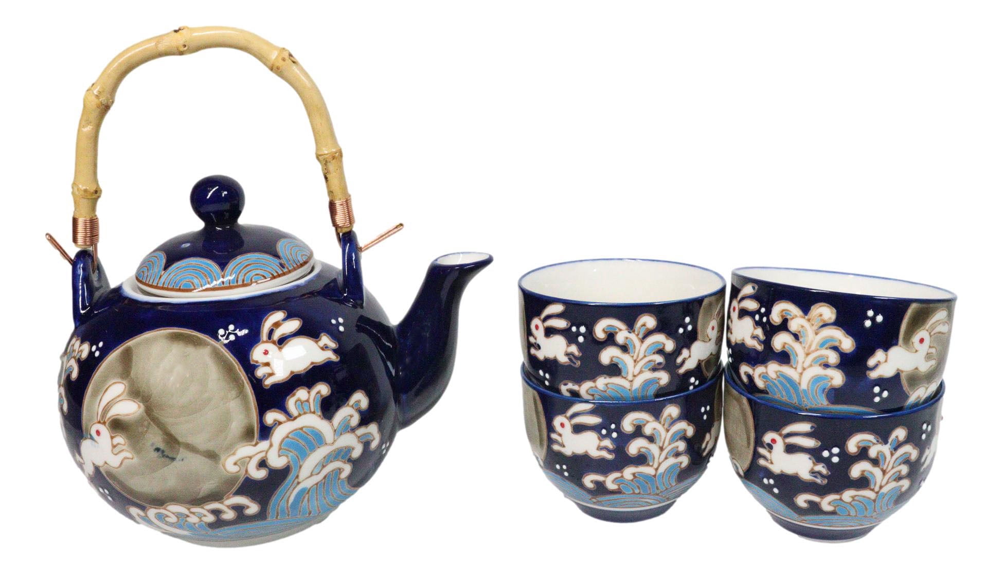 Blue Moon Rabbit Porcelain 30oz Teapot With Bamboo Handle And 4 Tea ...