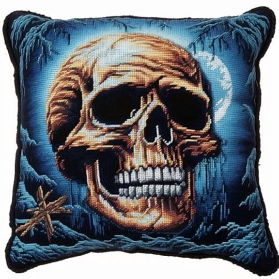 Blue Moon Skull Latch Hook Kits Pillow DIY Rug Crochet Hook Cushion Making Kits with Preprinted Pattern Canvas Instruction Yarns Easy Starter Christmas Decoration Hooking DIY Kits 43x43cm(d168)