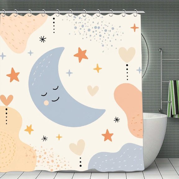 Blue Moon Stars Cute Pattern Print Shower Curtain 70.8×70.8Inch,Modern Fabric Waterproof Polyester Bathroom Home Decor Set with Hooks